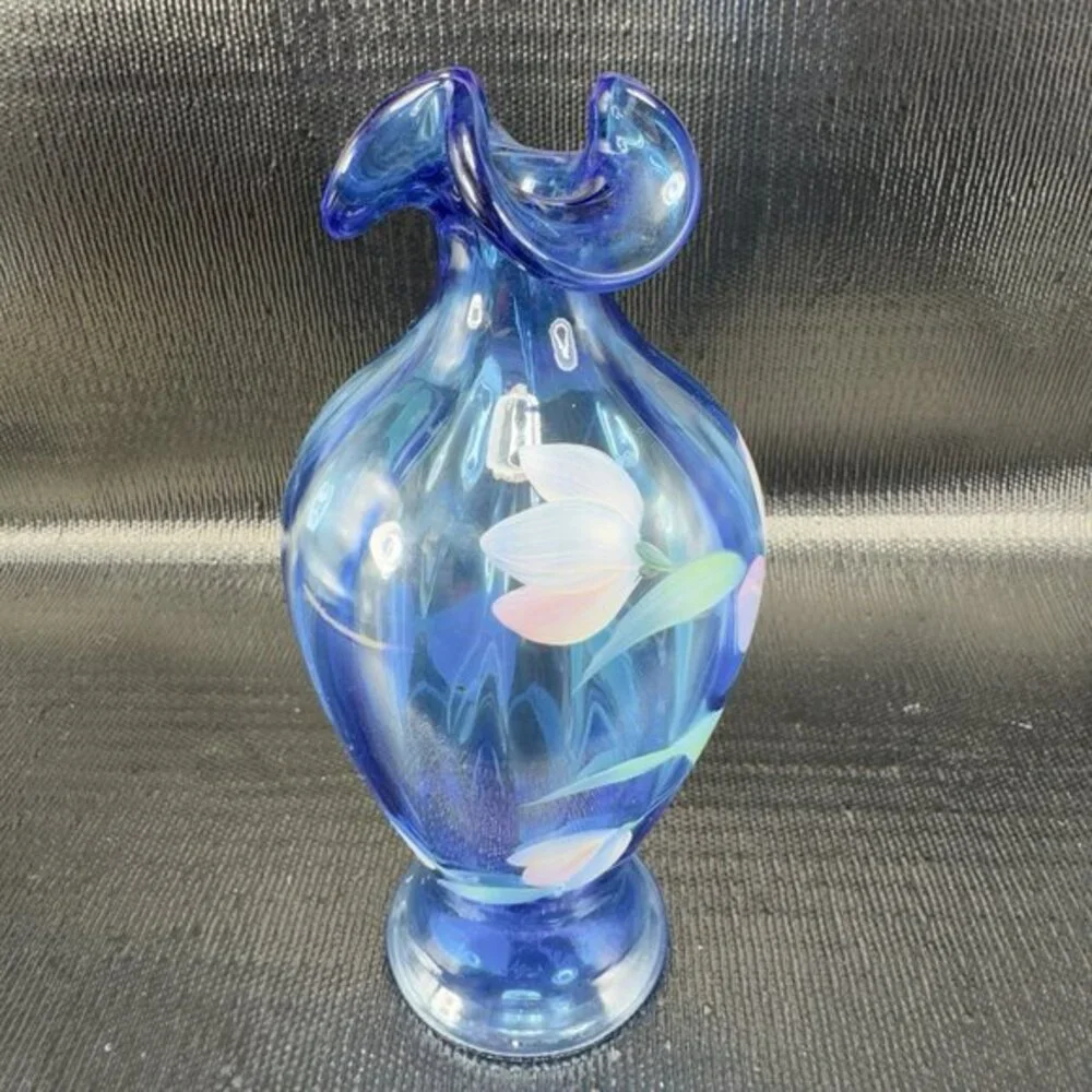Vintage Fenton Art Glass Vase‎ Vessel Blue Hand Painted Flowers W Sticker Vase